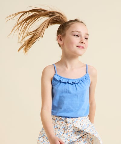 Dziewczynka Kategorie TAO - Dziewczęcy niebieski podkoszulek z bawełny organicznej z falbankami