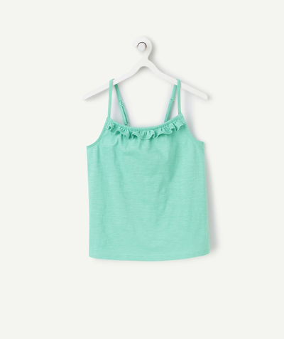 T-shirt - undershirt Tao Categories - girl's green organic cotton tank top with ruffles