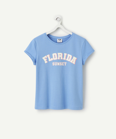T-shirt - podkoszulek Kategorie TAO - Dziewczęca koszulka z krótkim rękawem z niebieskiej bawełny organicznej z napisem Floryda