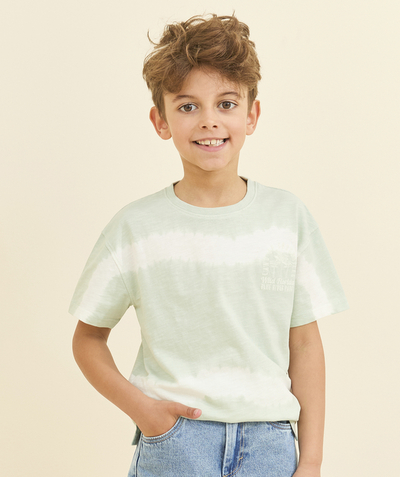 T-shirt Tao Categorieën - T-shirt met korte mouwen voor jongens in groen en wit biologisch katoen das en dobbelsteen