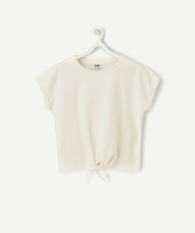 Collection Cérémonie Categories Tao - t-shirt manches courtes fille en coton bio écru avec noeud
