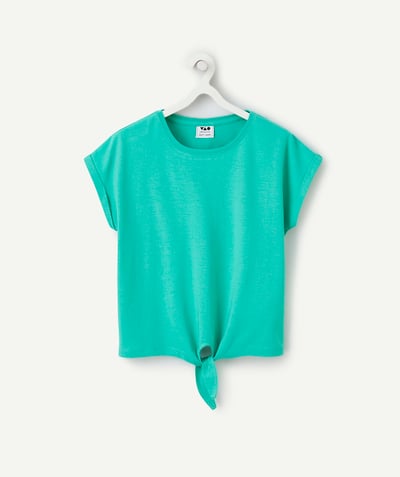 Basiques Categories Tao - t-shirt manches courtes fille en coton bio vert avec noeud