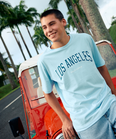 T-shirt Tao Categorieën - hemelsblauw biologisch katoenen jongens-T-shirt met korte mouwen en los angeles-thema