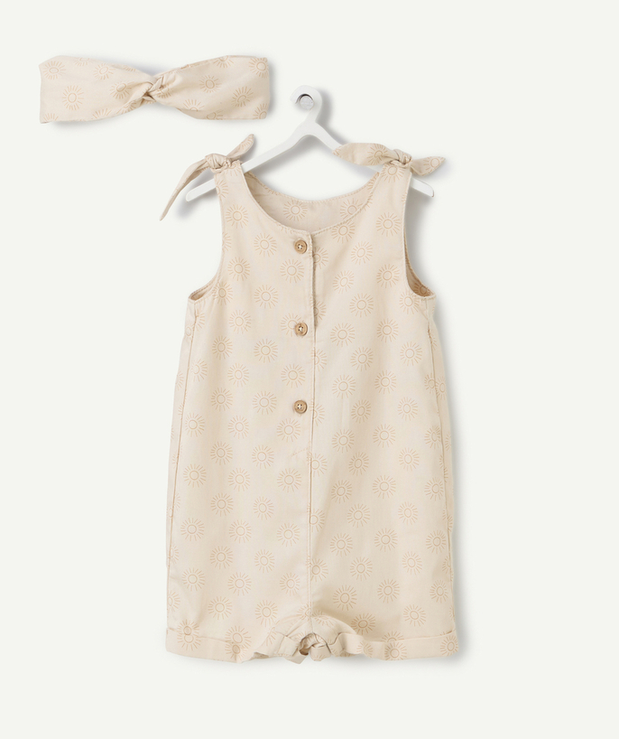 Nueva Colección Categorías TAO - mono corto de viscosa y turbante para bebé niña con estampado de sol en beige