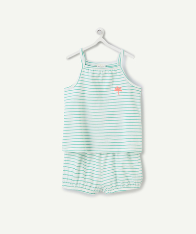 Hier komt de zon ! Tao Categorieën - Body en shorts voor babymeisjes in groen en wit gestreept biokatoen met opdruk