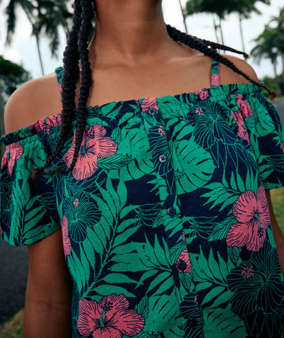 NOWOŚCI Kategorie TAO - Dziewczęca koszulka z krótkim rękawem z wiskozy z tropikalnym nadrukiem