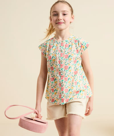 Girl Tao Categories - GIRL'S SHORT-SLEEVED BLOUSE IN COTTON PRINTED WITH COLORFUL FLOWERS