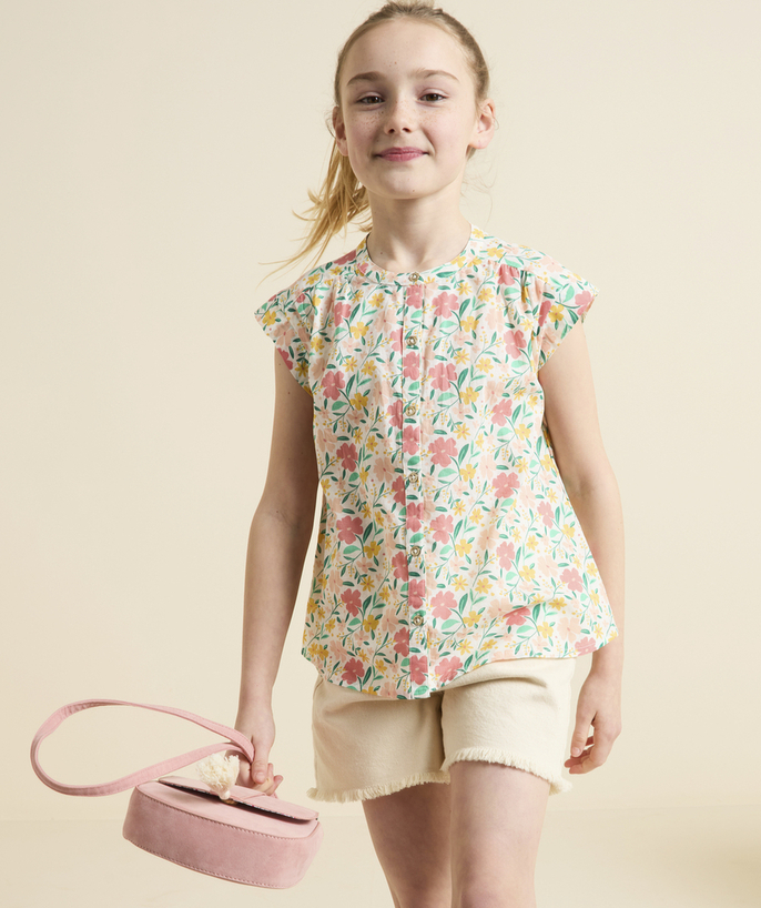 Shirt - Blouse Tao Categories - GIRL'S SHORT-SLEEVED BLOUSE IN COTTON PRINTED WITH COLORFUL FLOWERS