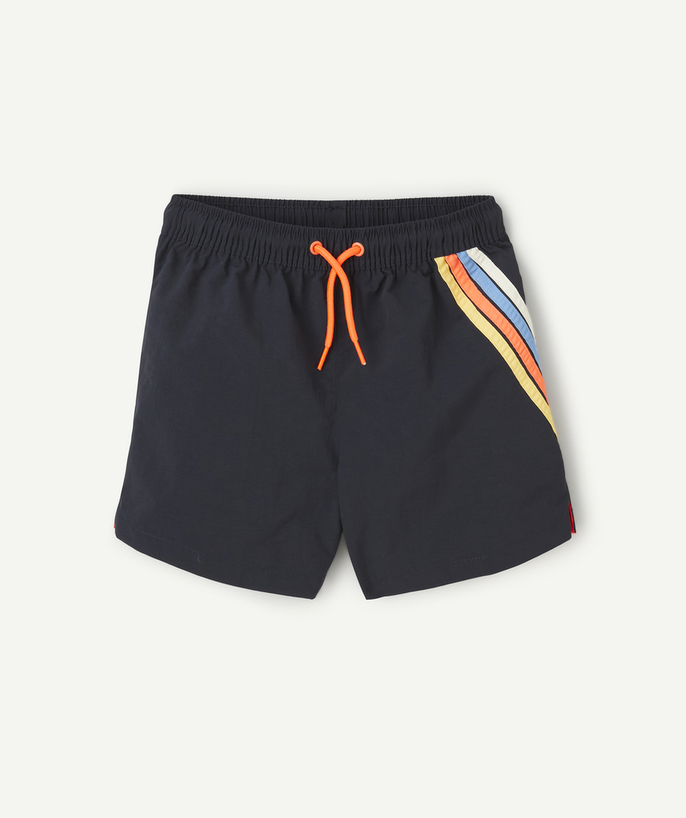 Swimwear Tao Categories - boys' recycled-fiber swim shorts in navy blue with colored stripes