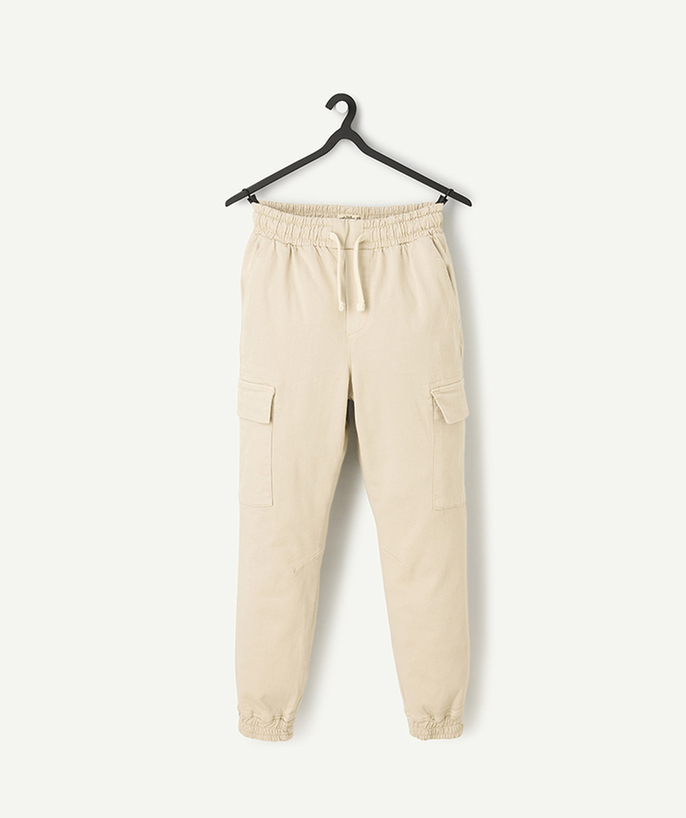 NOWOŚCI Kategorie TAO - spodnie dla chłopców z wiskozy, odpowiedzialne za beżowe kieszenie cargo