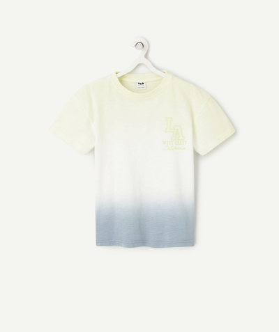   - short-sleeved t-shirt in yellow and blue organic cotton tie and die