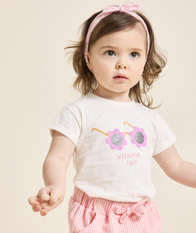 Clothing Tao Categories - short-sleeved baby girl t-shirt in ecru anti-uv organic fabric