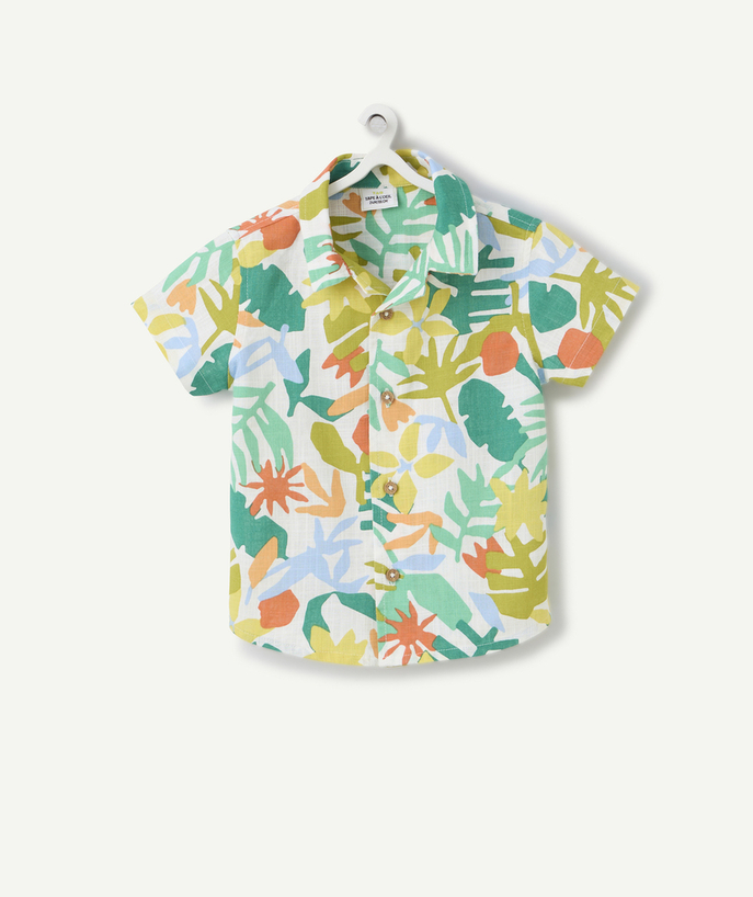 Hemd - polo Tao Categorieën - shirt met korte mouwen in wit biokatoen met tropische print voor babyjongens