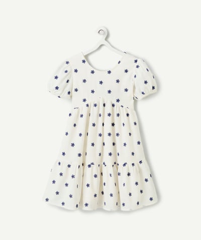 New In Tao Categories - ecru cotton girl's dress with blue embroidered flower print