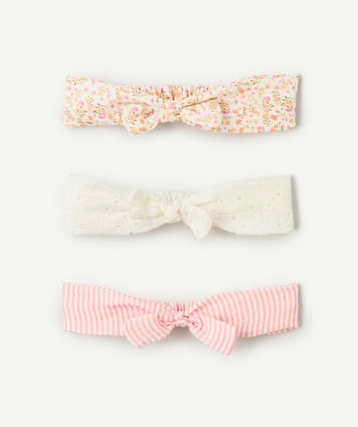 Baby meisje Tao Categorieën - pak van 3 roze, witte en bedrukte gestreepte hoofdbanden voor babymeisjes