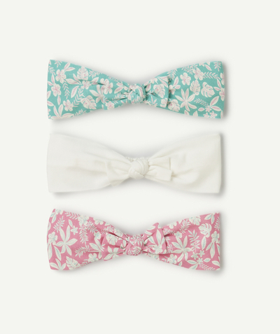 Hair Accessories Tao Categories - set of 3 pink, green and white flower-printed headbands for girls