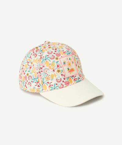   - white floral print girl's cap with embroidered patch under the sun