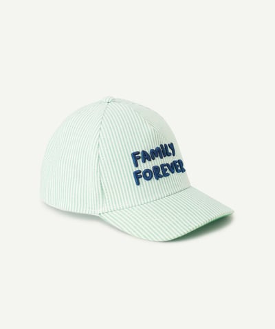 Hats - Caps Tao Categories - baby boy green and white striped cap with embroidered message family forever