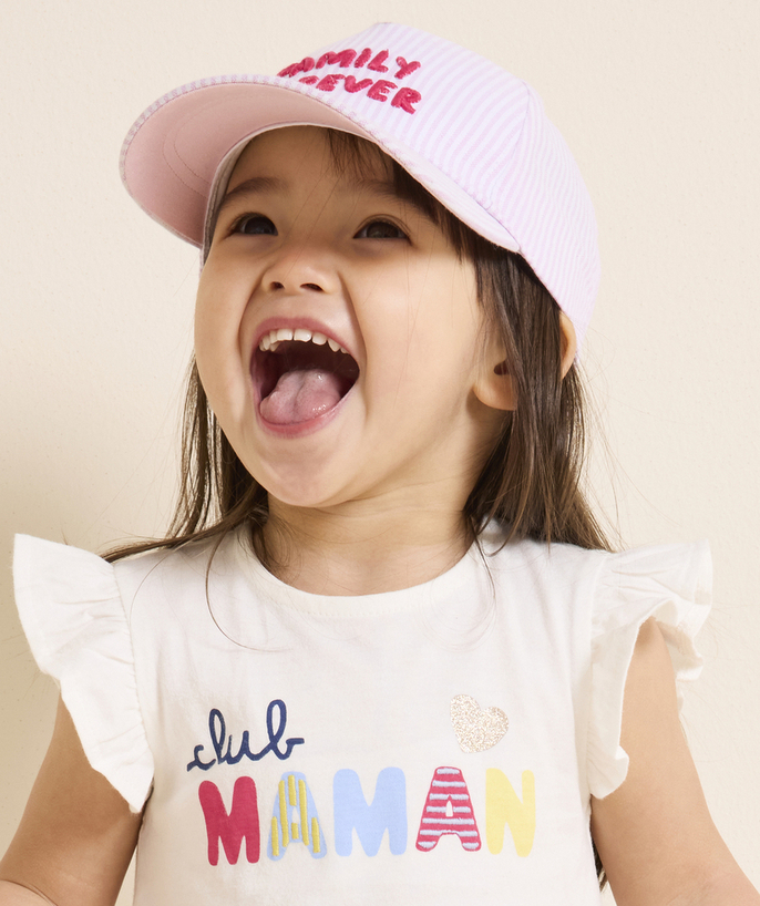 Baby girl Tao Categories - pink and white striped baby girl cap with embroidered message family forever