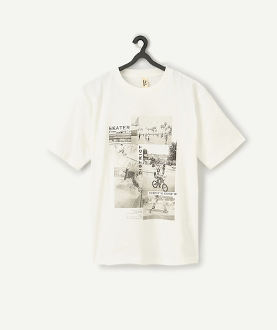 Nastolatek Kategorie TAO - Biała koszulka chłopięca z bawełny organicznej z krótkim rękawem i motywem deskorolki