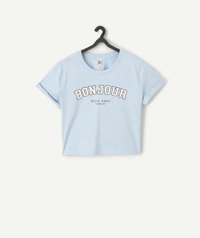 New In Tao Categories - baby blue organic cotton girl's short-sleeved t-shirt with hello message