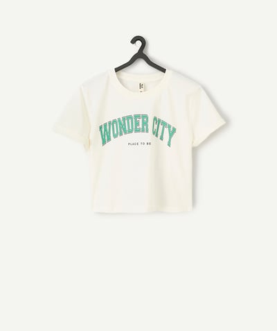 New In Tao Categories - white organic cotton short-sleeved t-shirt with wonder city message