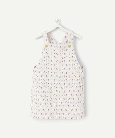 New In Tao Categories - baby girl dungaree dress in ecru recycled fibers with little blue flowers