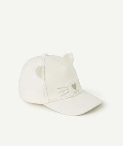 Hats - Caps Tao Categories - ecru cotton baby girl cap with ears and cat motif