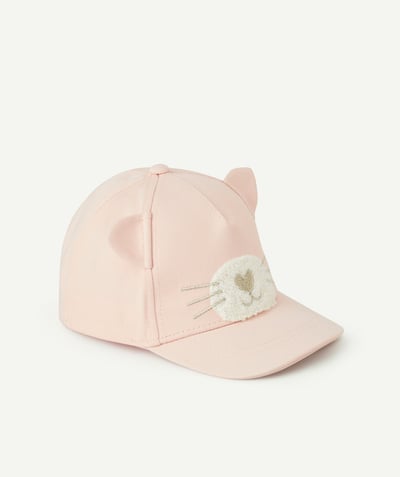 NOWOŚCI Kategorie TAO - czapka dziewczęca z jasnoróżowej bawełny z uszami i motywem kota