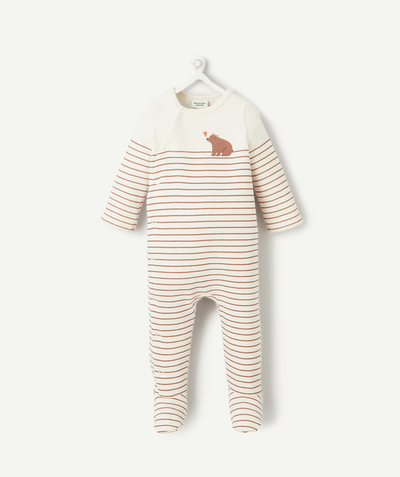 Dors-bien - Pyjama Categories Tao - dors bien bébé en fibres recyclées écru rayé marrons avec motif petit ours