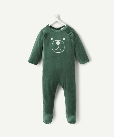 Pijamas, ropa interior Categorías TAO - espalda de terciopelo verde de algodón orgánico con motivo de oso