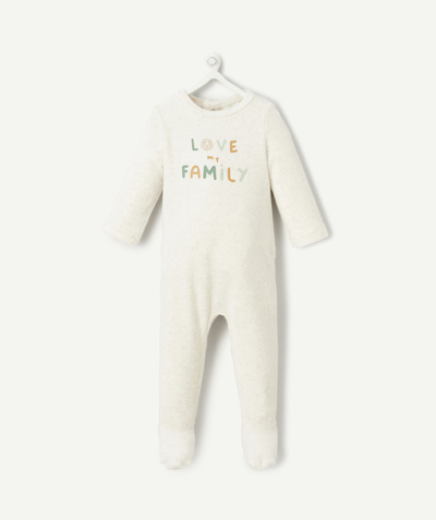 Nouveautés Categories Tao - dors bien en velours bébé garçon en coton bio écru avec message famille