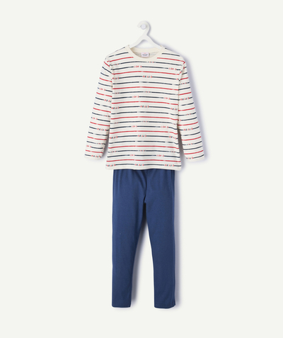 Nightwear, underwear Tao Categories - boy's long-sleeved pyjamas in striped organic cotton and plain ecru blue with red edging