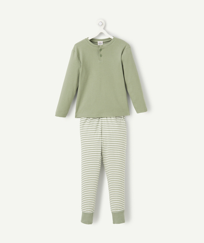 NOWOŚCI Kategorie TAO - Piżama chłopięca z długim rękawem z bawełny organicznej w kolorze khaki z białymi i khaki paskami