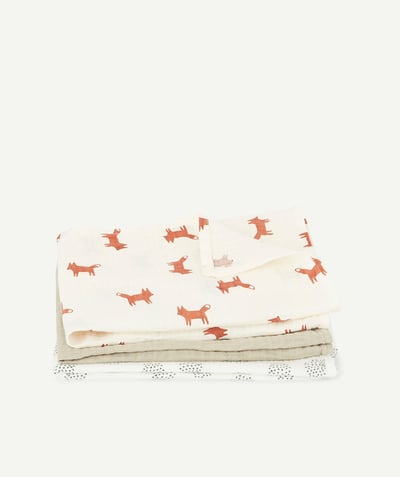 The night Nouvelle Arbo   C - PACK OF THREE BABIES' OLIVE GREEN FOX CLOTHS IN ORGANIC COTTON