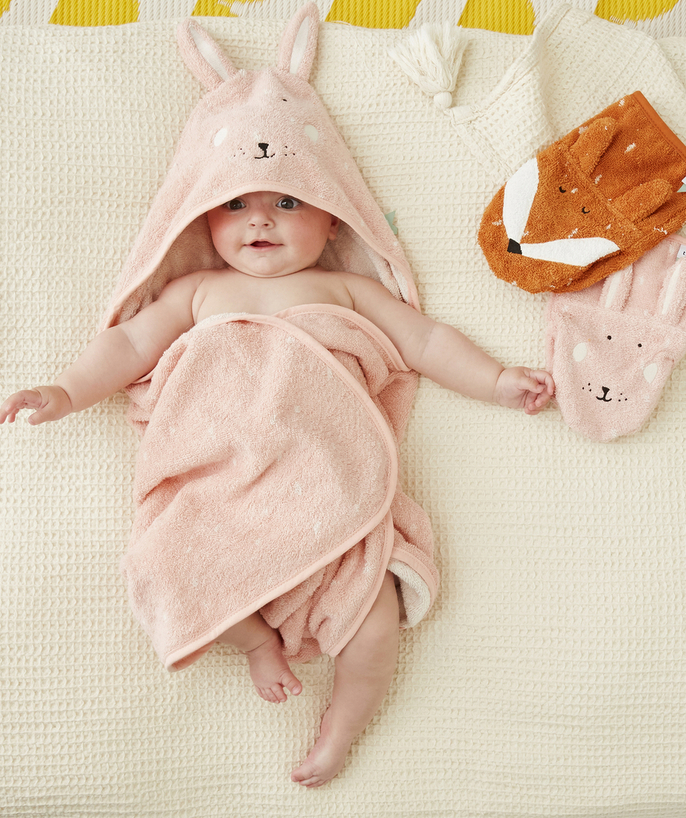 TRIXIE ® Tao Categories - PINK RABBIT BABY BATH CAPE IN ORGANIC COTTON