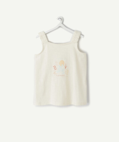 Outlet Tao Categories - CREAM TANK TOP WITH GATHERED STRAPS IN ORGANIC COTTON.