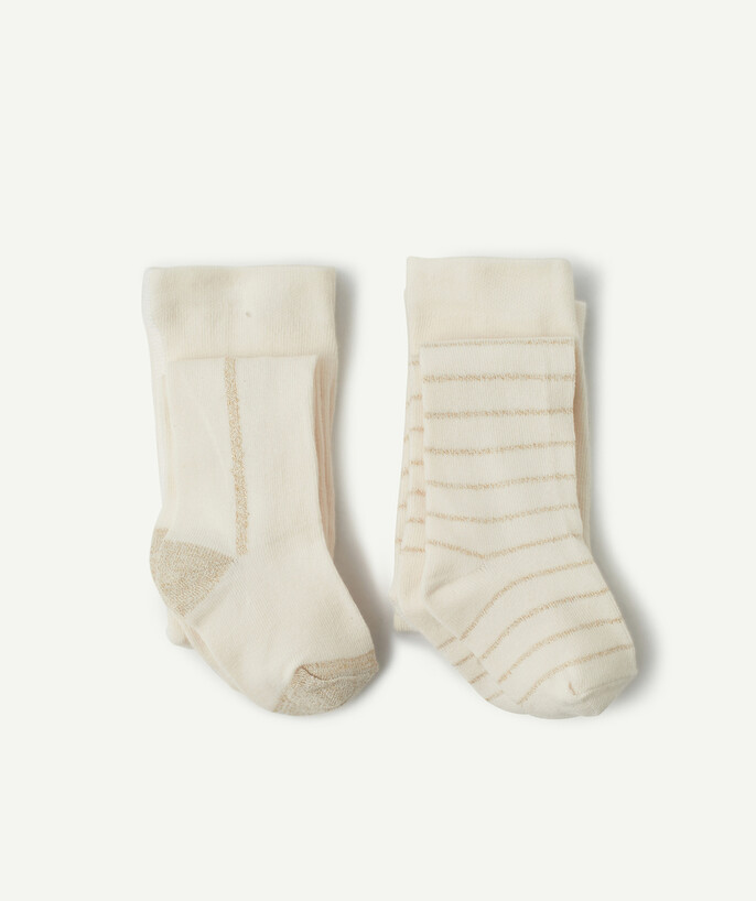 Socks - Tights Tao Categories - PACK OF TWO PAIRS OF CREAM TIGHTS WITH GOLD COLOR DETAILING