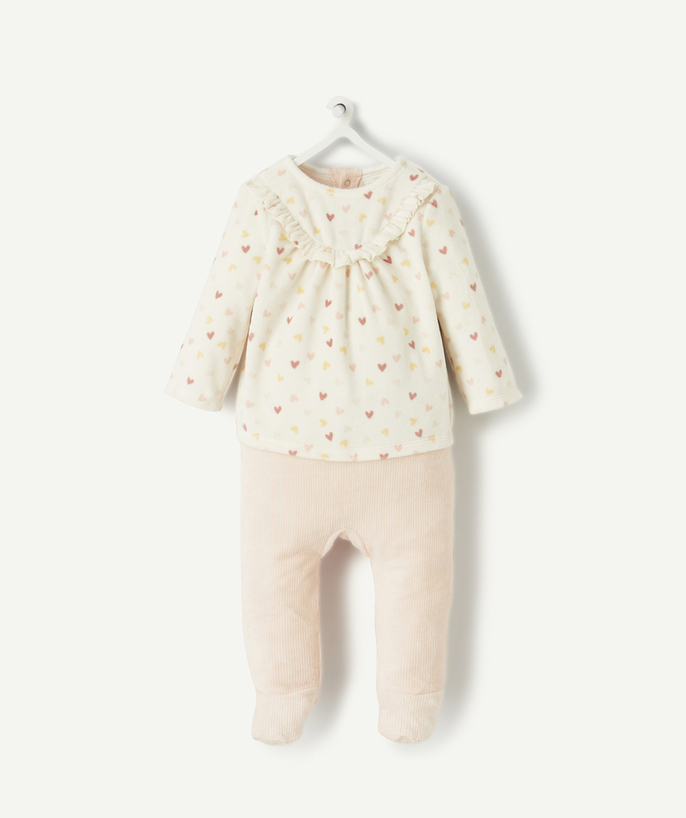 Outlet Tao Categories - BABIES' CREAM AND PINK ORGANIC COTTON SLEEP SUIT WITH HEARTS