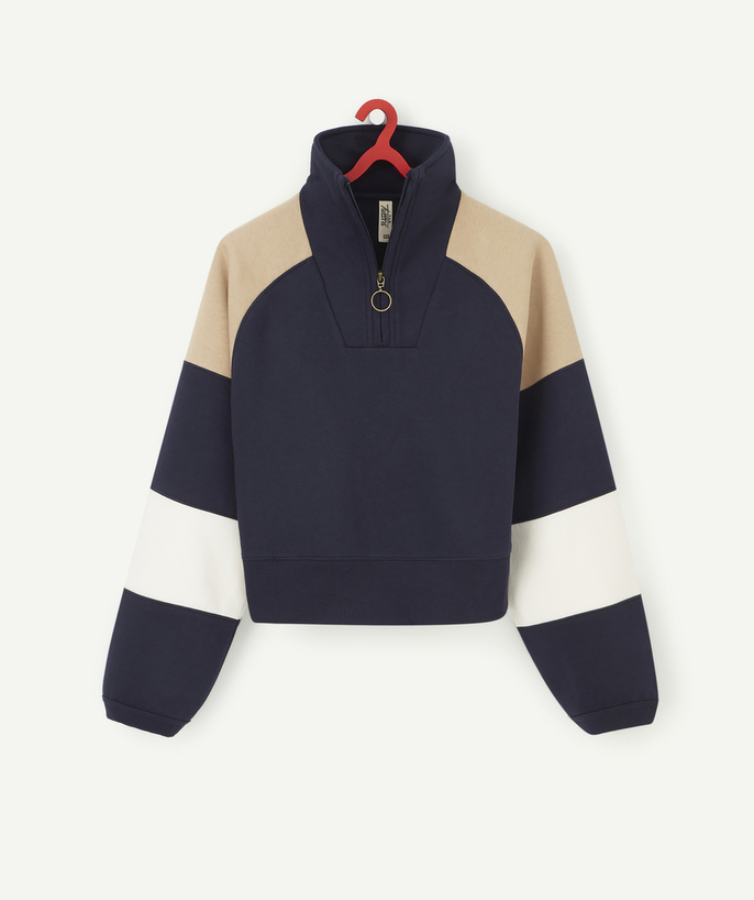 Outlet Tao Categories - GIRLS' NAVY BLUE ZIPPED SWEATSHIRT WITH WIDE STRIPES