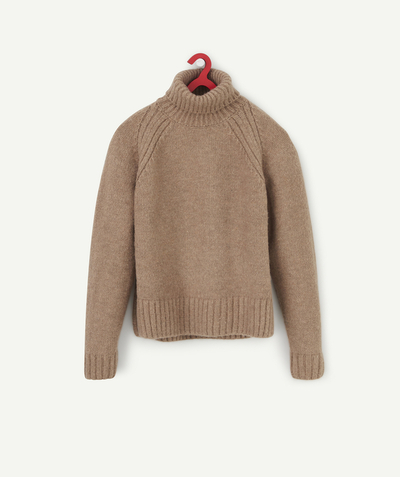 Pullover - Cardigan family - GIRLS' LIGHT BROWN TURTLENECK JUMPER IN RECYCLED FIBRES