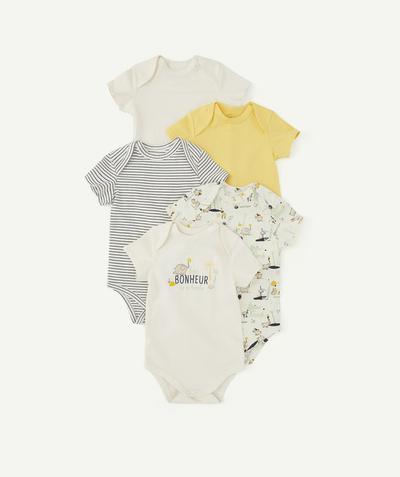 Bodysuit Nouvelle Arbo   C - PACK OF FIVE BABIES' SHORT-SLEEVED ORGANIC COTTON BODYSUITS, PLAIN AND PRINTED