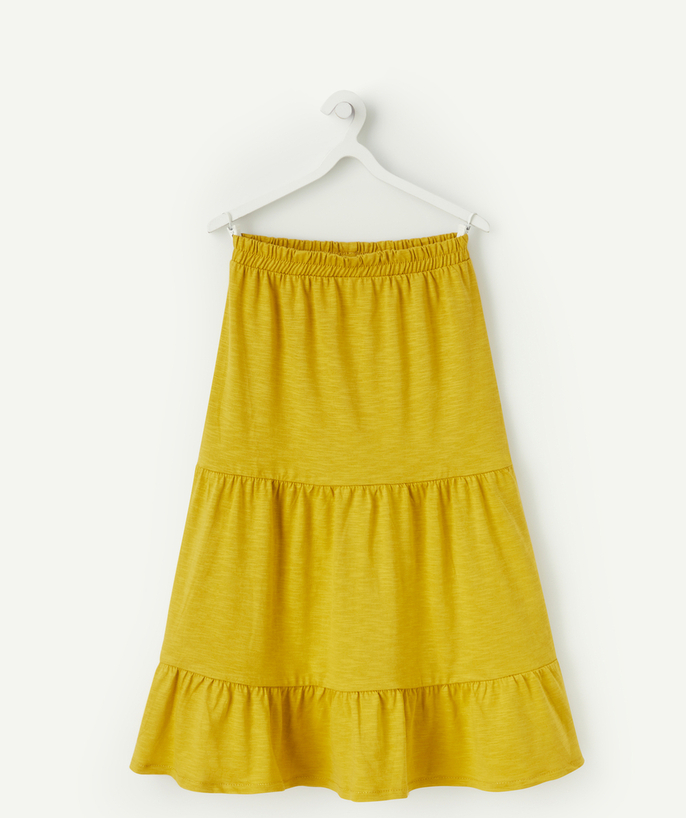 Shorts - Skirt Tao Categories - GIRLS' LONG SKIRT IN MUSTARD YELLOW COTTON WITH RUFFLES