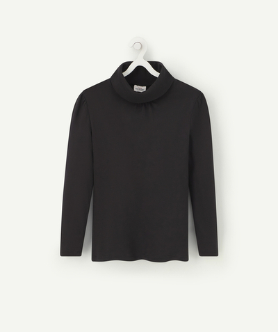 Girl Tao Categories - GIRLS' PLAIN BLACK LONG-SLEEVED TURTLENECK WITH A ROLL COLLAR