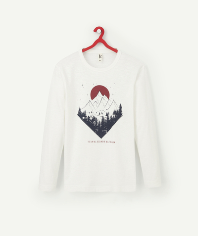 Party outfits Tao Categories - BOYS' T-SHIRT IN WHITE ORGANIC COTTON WITH A MOUNTAIN MOTIF