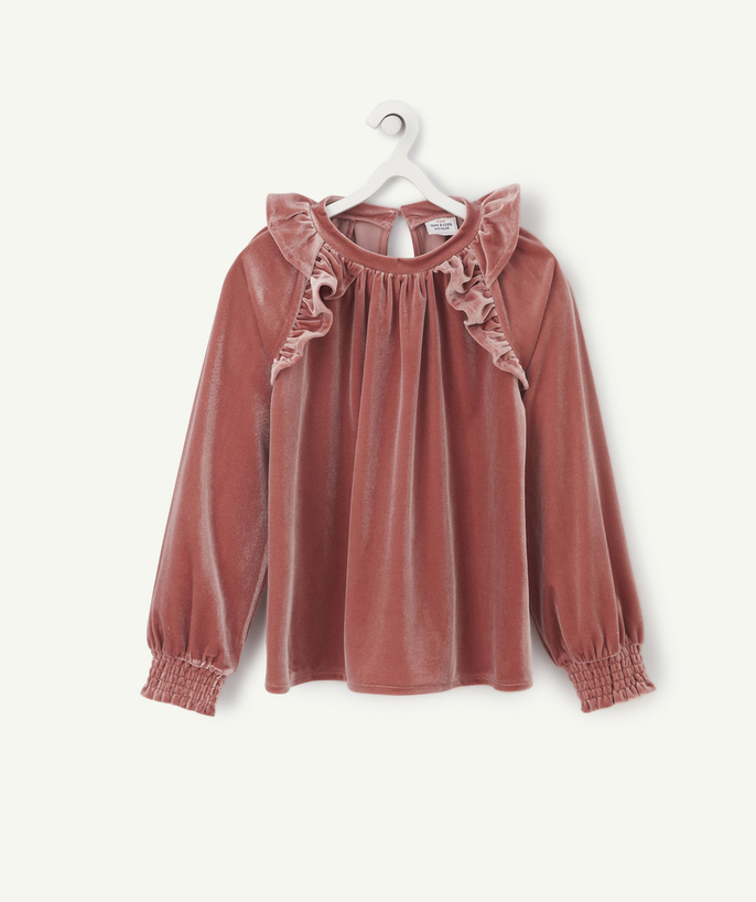 Shirt - Blouse Tao Categories - GIRLS' OLD ROSE VELVET BLOUSE WITH GATHERS