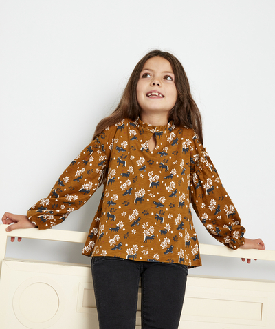 Clothing Nouvelle Arbo   C - GIRLS' BROWN ORGANIC COTTON T-SHIRT WITH AN ANIMAL AND LEAF PRINT