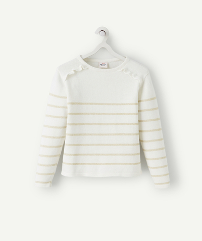 Girl Nouvelle Arbo   C - GIRLS' WHITE COTTON JUMPER WITH A GOLD COLOR STRIPE
