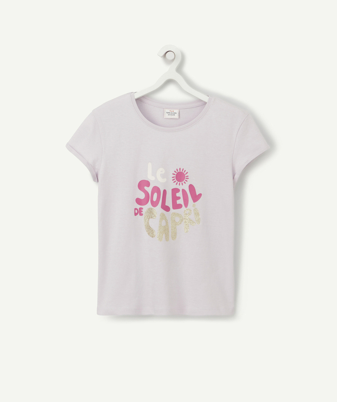 T-shirt - undershirt Tao Categories - GIRLS' PURPLE COTTON T-SHIRT WITH A FLOCKED PINK AND SEQUINNED MESSAGE