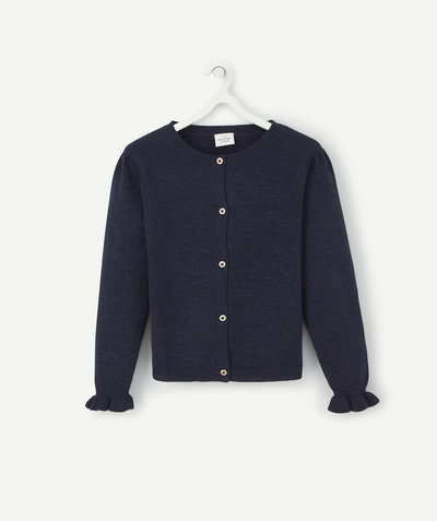 Pullover - Cardigan Nouvelle Arbo   C - GIRLS' NAVY SPARKLING KNITTED CARDIGAN WITH RUFFLES AT THE WRISTS